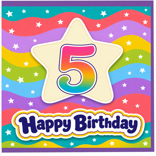 na 5th Birthday Card, Colourful Star and Rainbow Number 5 Happy Birthday Card