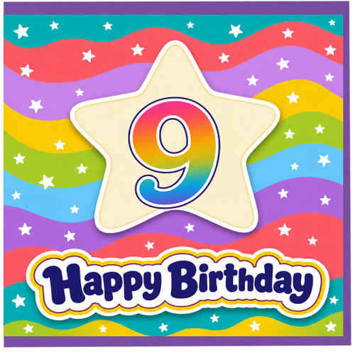 9th Birthday Card, Colourful Star and Rainbow Happy Birthday Card