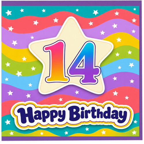 14th Birthday Card, Colourful Star Happy Birthday Card