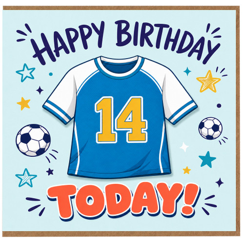 14th Birthday Card, Football Shirt Soccer Birthday Card