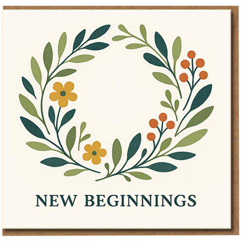 New Beginnings Botanical Wreath Greeting Card - Congratulations & Fresh Start Encouragement - Blank Inside