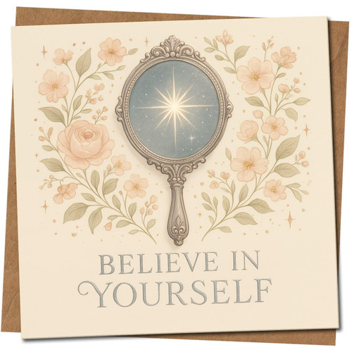 Believe in Yourself Mirror & Floral Inspirational Card - Encouragement/Congratulations - 145mm x 145mm Square Greeting Card, Includes Kraft Envelope