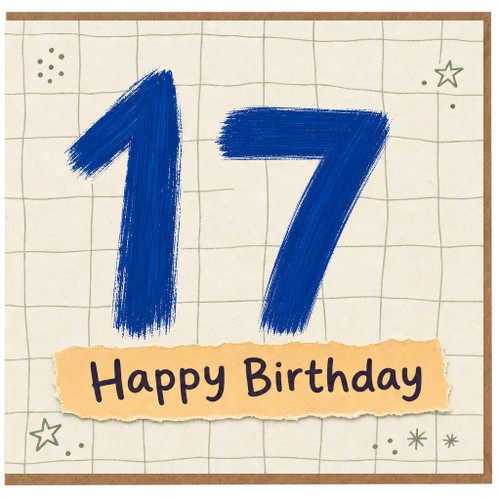 17th Birthday Card, Blue Hand - Painted Number 17 Happy Birthday Card