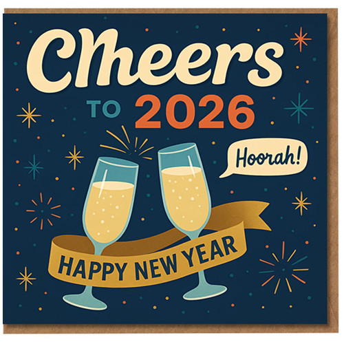 Cheers to 2026 Happy New Year Card - Champagne Glasses & Fireworks - Festive New Year’s Greeting