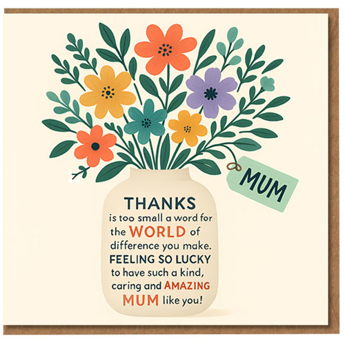 Mum Thank You Card - Floral Bouquet Vase Design with Heartfelt Message, Appreciation Greeting Card for Mum, Ideal for Mother's Day or Any Time