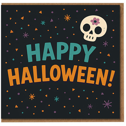 Happy Halloween Card - Cute Skull and Confetti Design - Fun Spooky Greeting for Kids or Adults - Colourful Seasonal Card with Envelope