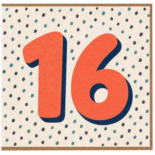 16th Birthday Card, Coral Orange Number 16 Polka Dot Design