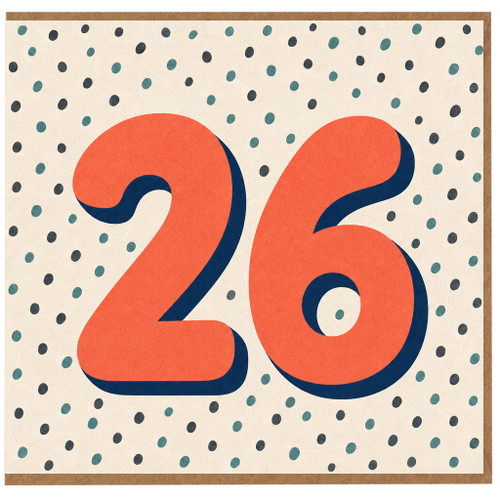 26th Birthday Card, Bold Coral Number 26 Polka Dot Design