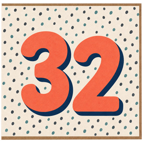 32nd Birthday Card, Bold Number 32 Retro Polka Dot Design