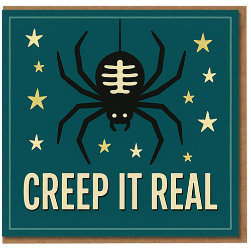 Creep It Real Halloween Card - Funny Spider Pun with Stars - Spooky Greeting Card for Friends and Family