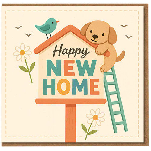 Happy New Home Card - Cute Dog and Bird Housewarming Greeting - Illustrated Puppy, Ladder and Daisies - New House Congratulations Card