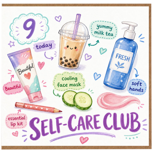 9th Birthday Card, Self - Care Club Cute Illustration Card