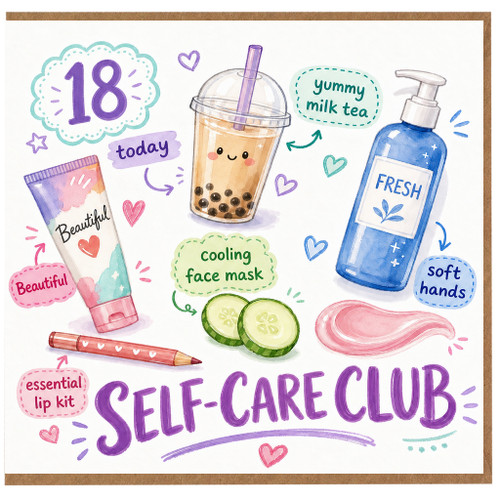 18th Birthday Card, Self - Care Club Beauty Themed Birthday Card