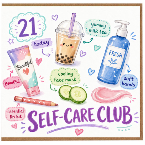 21st Birthday Card, Self - Care Club Pamper Card