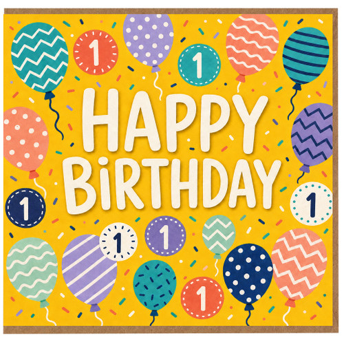 1st Birthday Card, Happy Birthday Balloons and Confetti Design