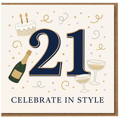21st Birthday Card - Celebrate in Style - Champagne, Cake and Confetti Design - For Him or Her - Blank Inside with Envelope