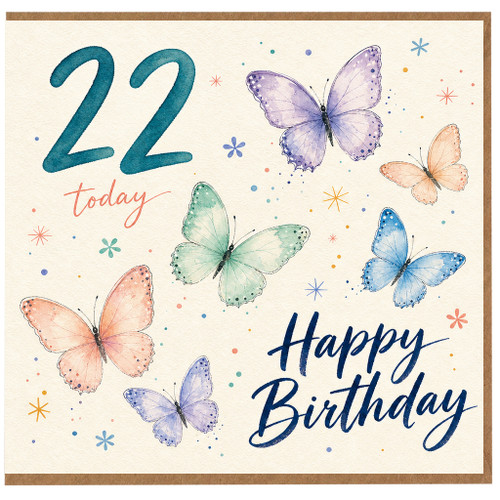 22nd Birthday Card, Happy Birthday Butterfly Design