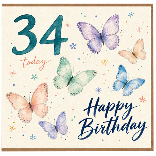 34th Birthday Card, Watercolour Butterfly Happy Birthday Card