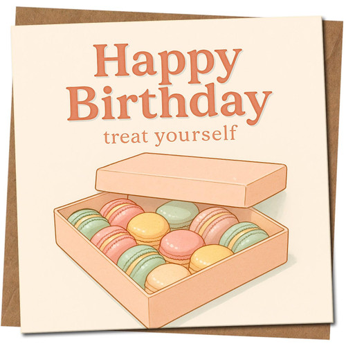 Happy Birthday Treat Yourself Macarons Card - Cute Square 145mm x 145mm Birthday Greeting Card for Anyone, Includes Kraft Envelope