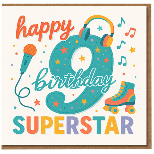 Superstar 9th Birthday Card for Kids - Fun Colourful Music Design with Headphones, Microphone and Roller Skates - Happy Birthday Card for Children