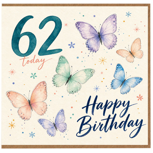 62nd Birthday Card, Butterfly Design, Happy Birthday Card for Her