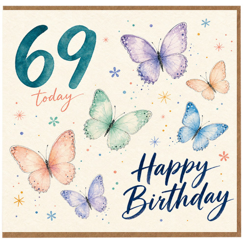 69th Birthday Card, Butterfly Design Happy Birthday Card