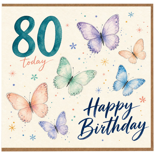 80th Birthday Card, with Butterflies and Happy Birthday Text