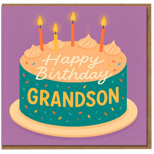 Grandson Birthday Card - Happy Birthday Cake with Candles and Sprinkles - Cute Colourful Design