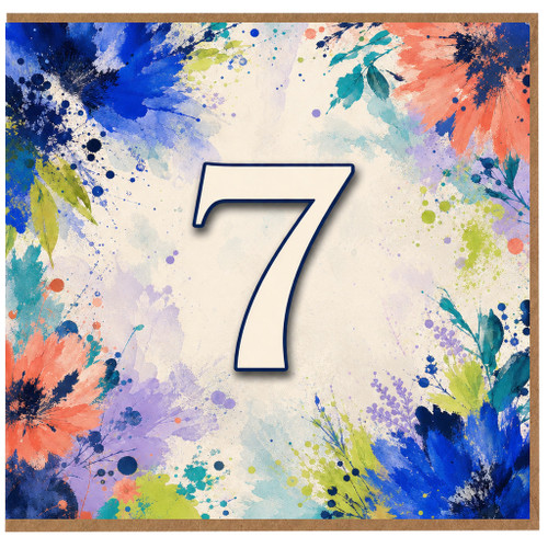 7th Birthday Card, Watercolor Floral Splash Number 7 Card