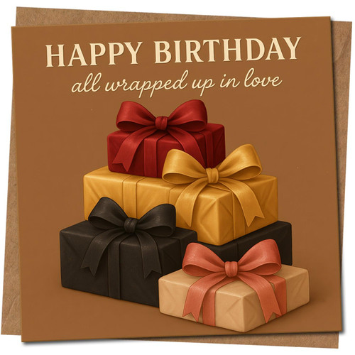 Happy Birthday Card - All Wrapped Up in Love - Gift Boxes & Bows Design - 145mm Square - For Him Her Friend Mum Dad, Includes Kraft Envelope