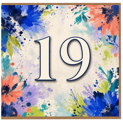 19th Birthday Card, Colourful Watercolour Floral Number 19 Card