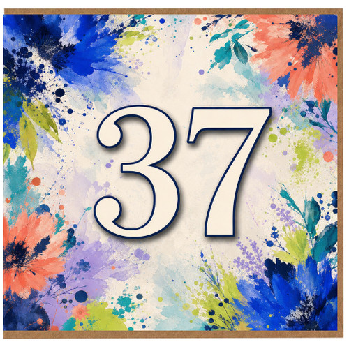 37th Birthday Card, Floral Watercolour Number 37 Birthday Card