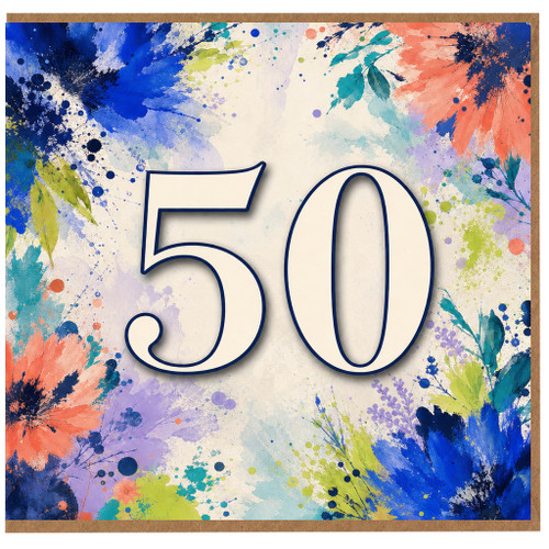 50th Birthday Card, Bold Floral Watercolour Design