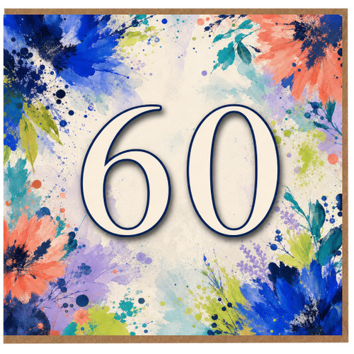 60th Birthday Card, Colourful Floral Watercolor Number 60 Card