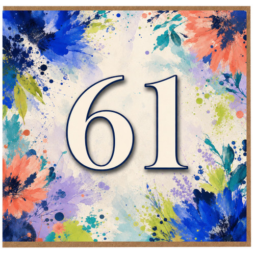 61st Birthday Card, Colourful Floral Watercolour Number 61 Design