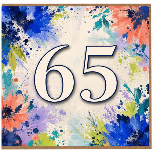 65th Birthday Card, Colourful Floral Splash Number 65 Card