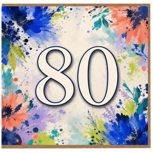 80th Birthday Card, Floral Watercolour Number 80 Card