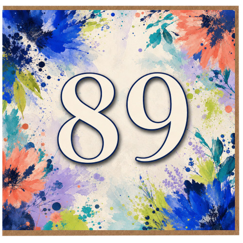 89th Birthday Card, Colourful Watercolour Floral Number 89 Design