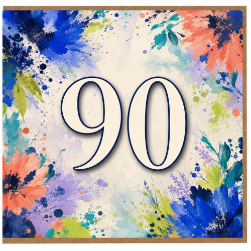 90th Birthday Card, Floral Watercolor Number 90 Card