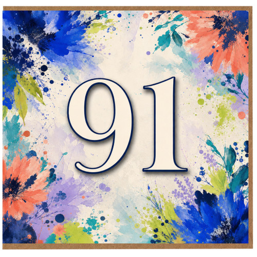 91st Birthday Card, Colourful Floral Watercolour Number 91 Card