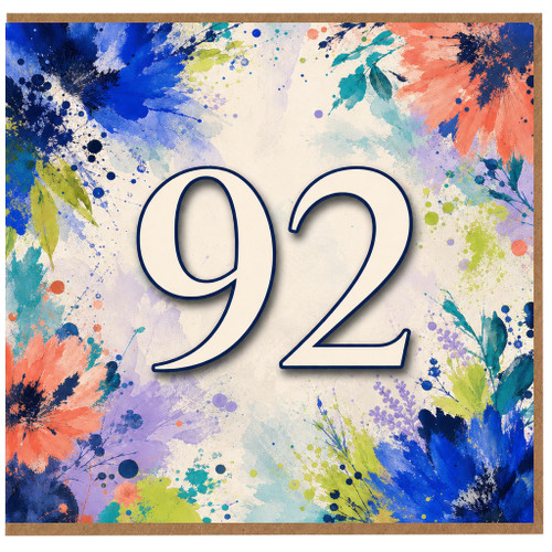 92nd Birthday Card, Floral Watercolour Number 92 Card