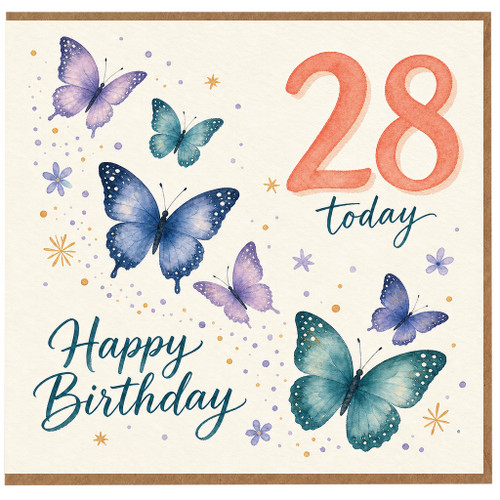 28th Birthday Card, Butterflies Happy Birthday Card