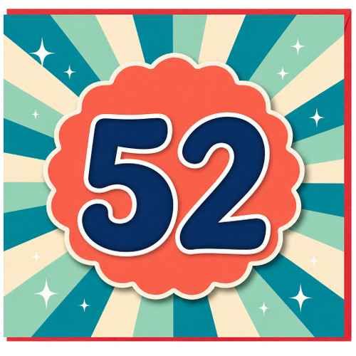 52nd Birthday Card, Retro Sunburst Number 52 Celebration Card