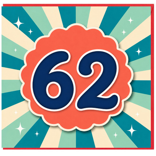 62nd Birthday Card, Retro Sunburst Number 62 Card