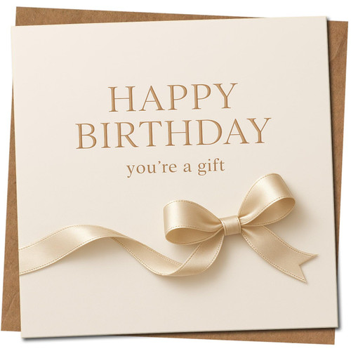 Happy Birthday 'You're a Gift' Luxury Ribbon Bow Greeting Card, 145mm x 145mm, Cream, Includes Kraft Envelope
