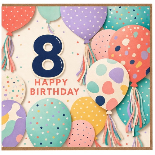 8th Birthday Card, Colourful Balloon Happy Birthday Card
