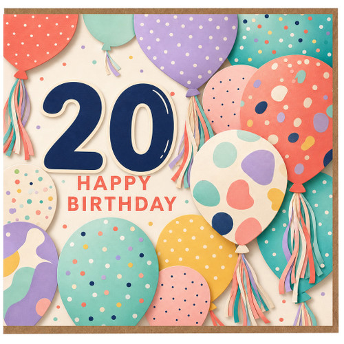 20th Birthday Card, Happy Birthday Balloon Design Card