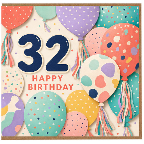 32nd Birthday Card, Colourful Balloon Design Happy Birthday Card