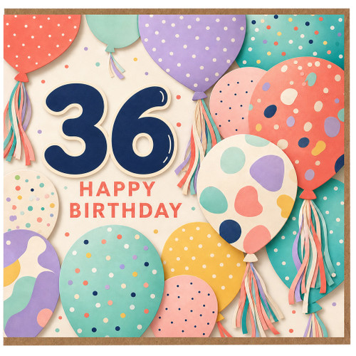 36th Birthday Card, Colourful Balloon Happy Birthday Card