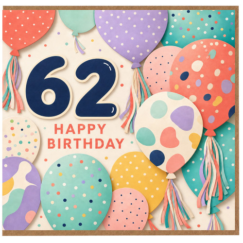 62nd Birthday Card, Happy Birthday Balloon Design Card
